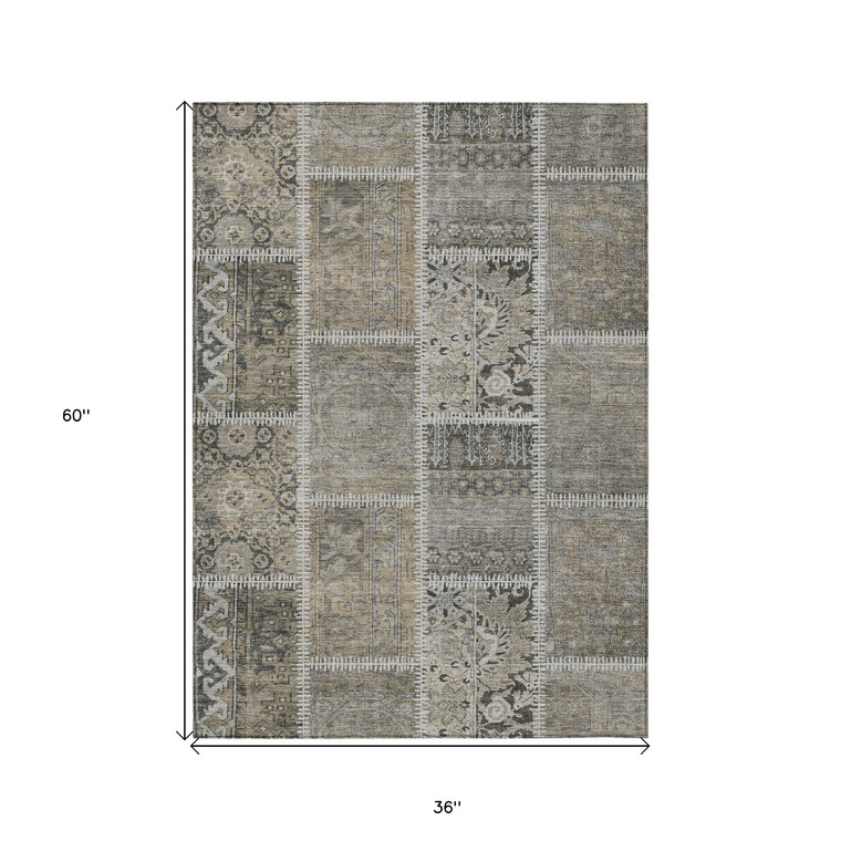 3' X 5' Taupe Beige And Tan Patchwork Washable Indoor Outdoor Area Rug - Taupe, Beige, Tan