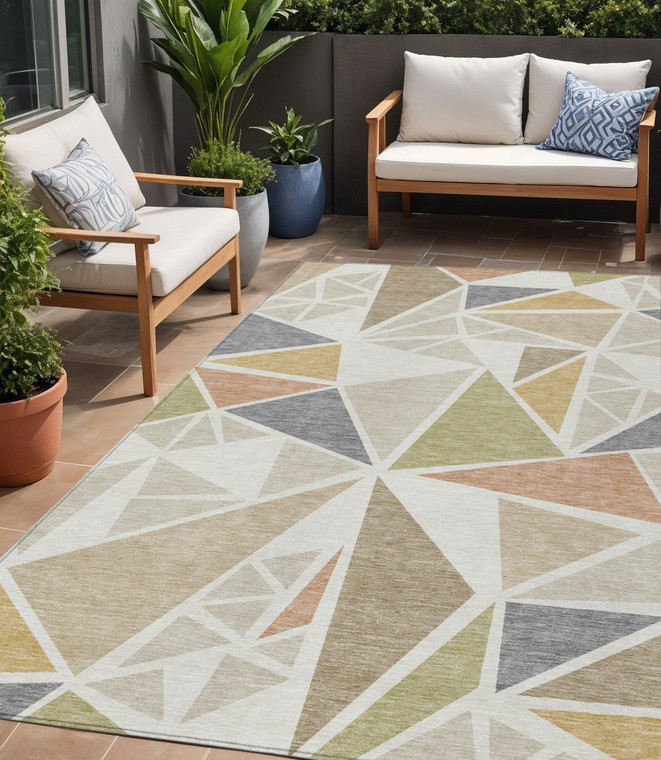 5' X 8' Ivory Brown And Green Geometric Washable Indoor Outdoor Area Rug