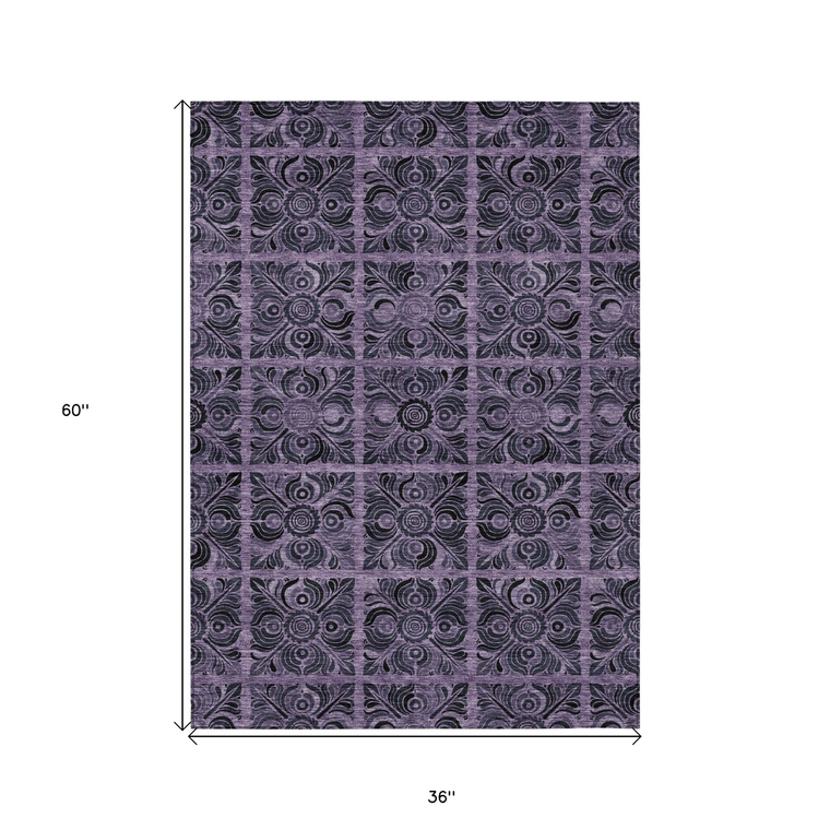 3' X 5' Purple Plum And Charcoal Medallion Washable Indoor Outdoor Area Rug