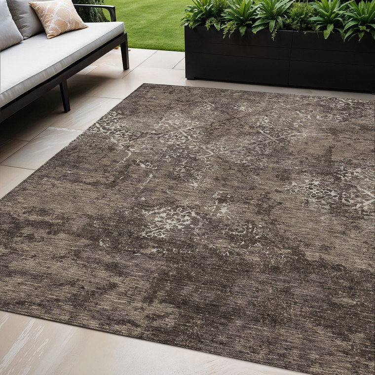 5' X 8' Brown And Ivory Floral Washable Indoor Outdoor Area Rug - Brown, Ivory