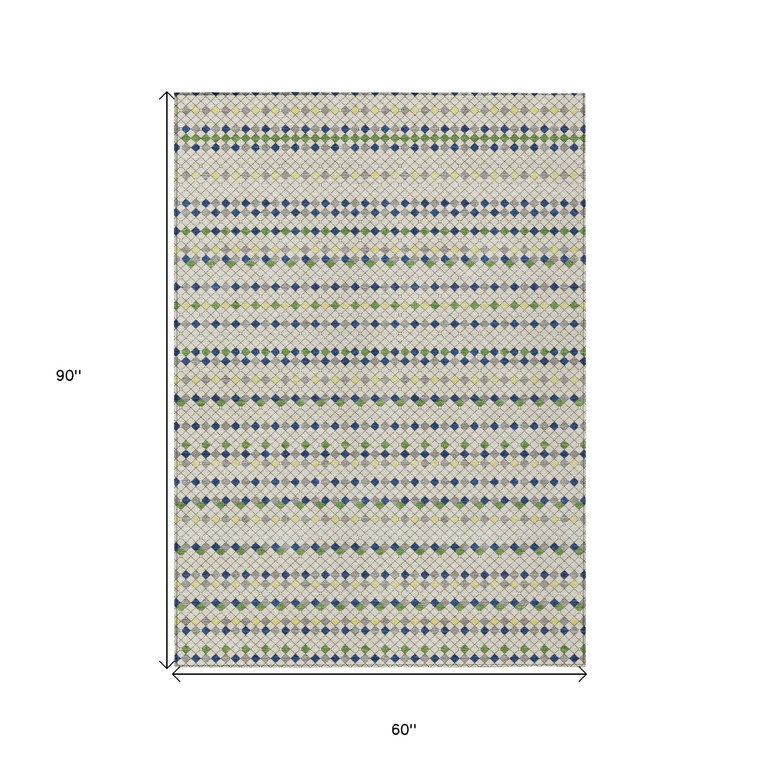 5' X 8' Linen And Lime Green Striped Washable Indoor Outdoor Area Rug