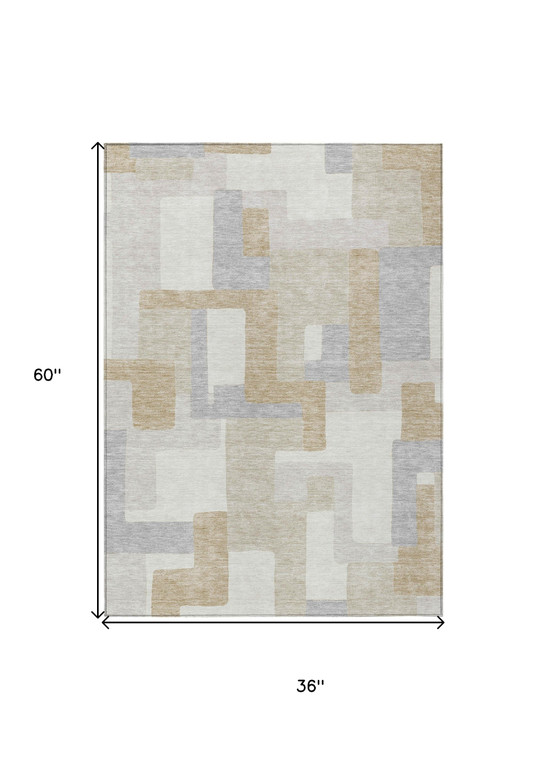 3' X 5' Ivory Beige And Gray Geometric Washable Indoor Outdoor Area Rug - Ivory, Beige, Gray