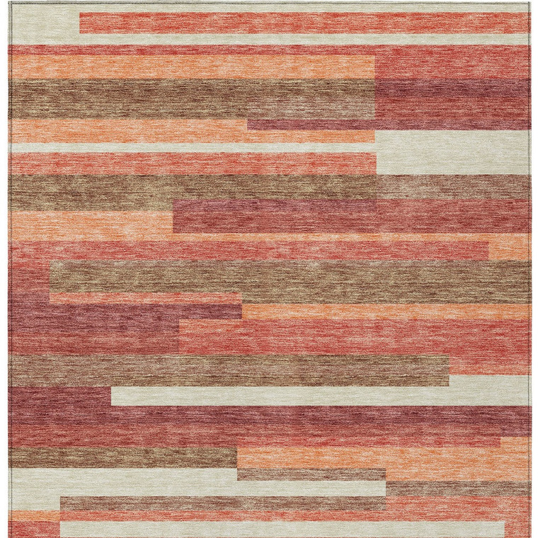 3' X 5' Coral Peach And Taupe Striped Washable Indoor Outdoor Area Rug