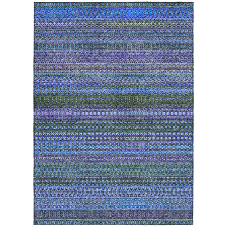 5' X 8' Blue and Green Striped Washable Non Skid Indoor Outdoor Area Rug