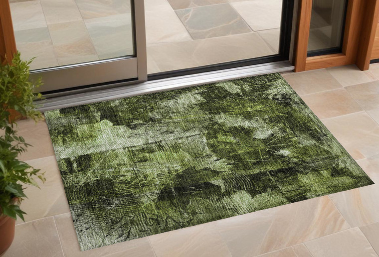 3' X 5' Green Floral Washable Non Skid Indoor Outdoor Area Rug - Green