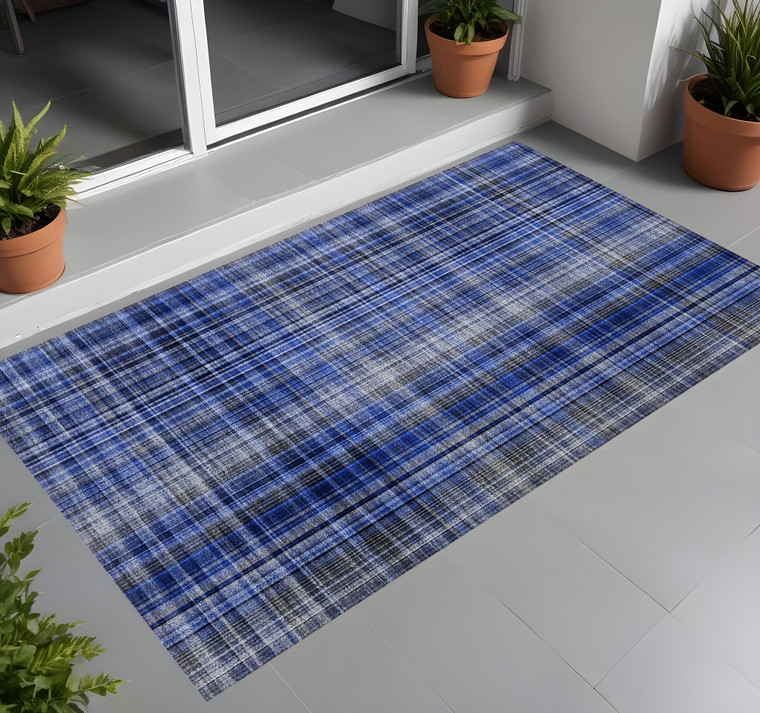 3' X 5' Navy Blue Plaid Washable Non Skid Indoor Outdoor Area Rug - 608219043001