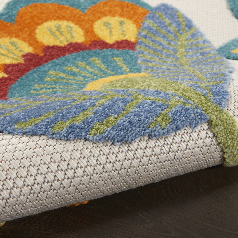 7' X 10' Ivory Blue Orange Red And Yellow Floral Indoor Outdoor Area Rug