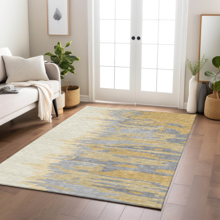 3' X 5' Gold Gray And Beige Abstract Washable Indoor Outdoor Area Rug