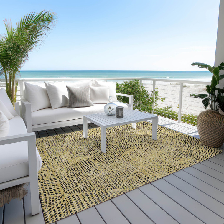 5' X 8' Gold Black And Charcoal Geometric Washable Indoor Outdoor Area Rug