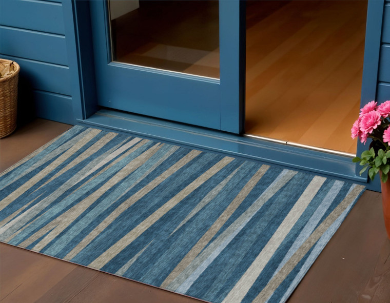 3' X 5' Denim Blue And Gray Striped Washable Indoor Outdoor Area Rug - Denim Blue, Gray