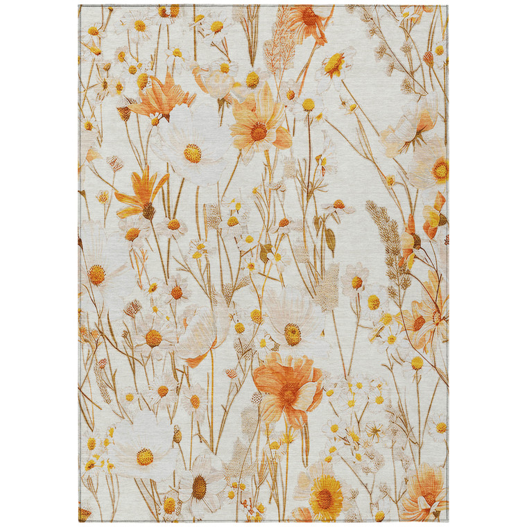 5' X 8' Ivory And Beige Floral Washable Indoor Outdoor Area Rug Transitional Style - Ivory, Beige Color