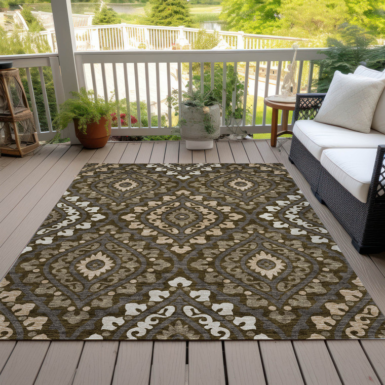 3' X 5' Brown Taupe And Gray Floral Washable Indoor Outdoor Area Rug