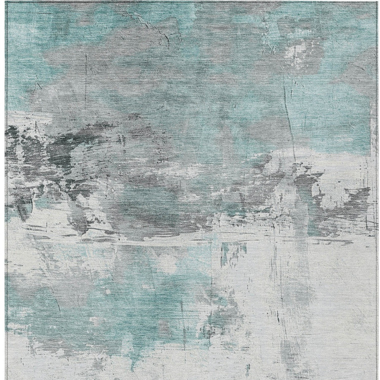 5' X 8' Teal Blue And Gray Abstract Washable Indoor Outdoor Area Rug - Teal Blue, Gray