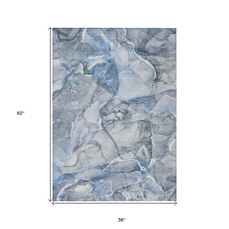 3' X 5' Blue and Gray Abstract Washable Non Skid Indoor Outdoor Area Rug Transitional Style - Blue, Gray Color