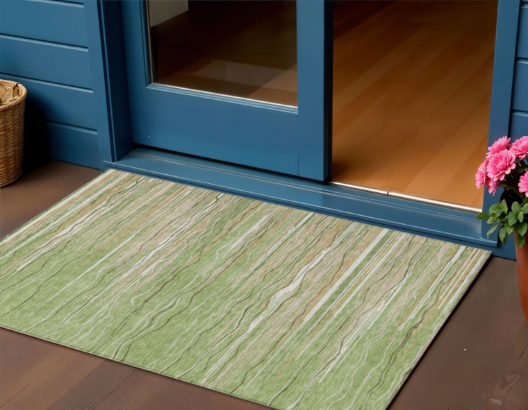 3' X 5' Green Beige And Ivory Striped Washable Indoor Outdoor Area Rug