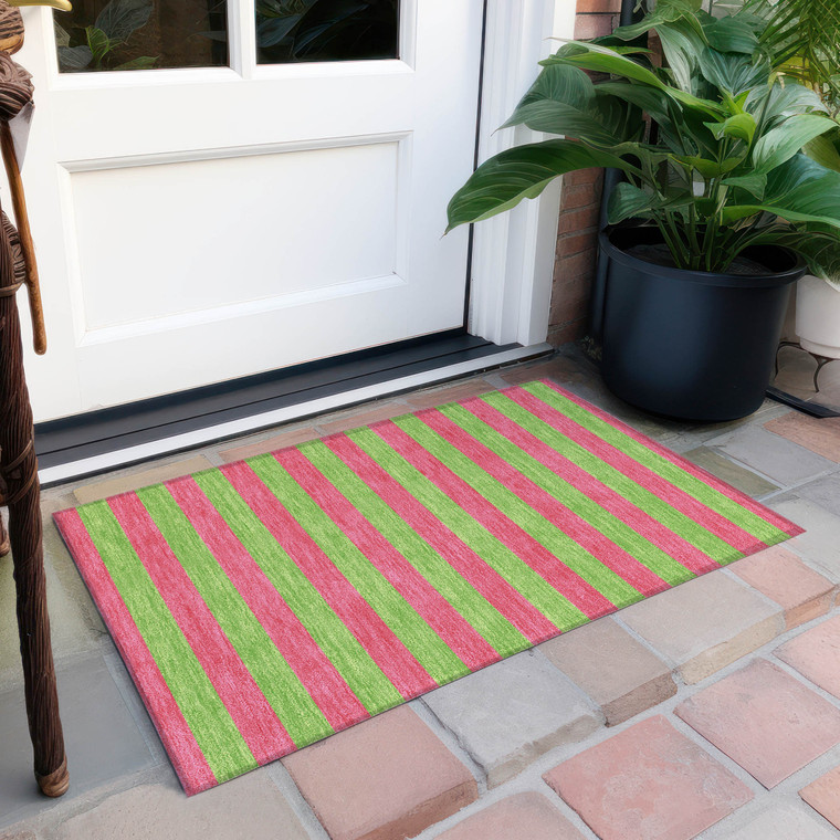 2' X 3' Green and Red Striped Washable Non Skid Indoor Outdoor Area Rug