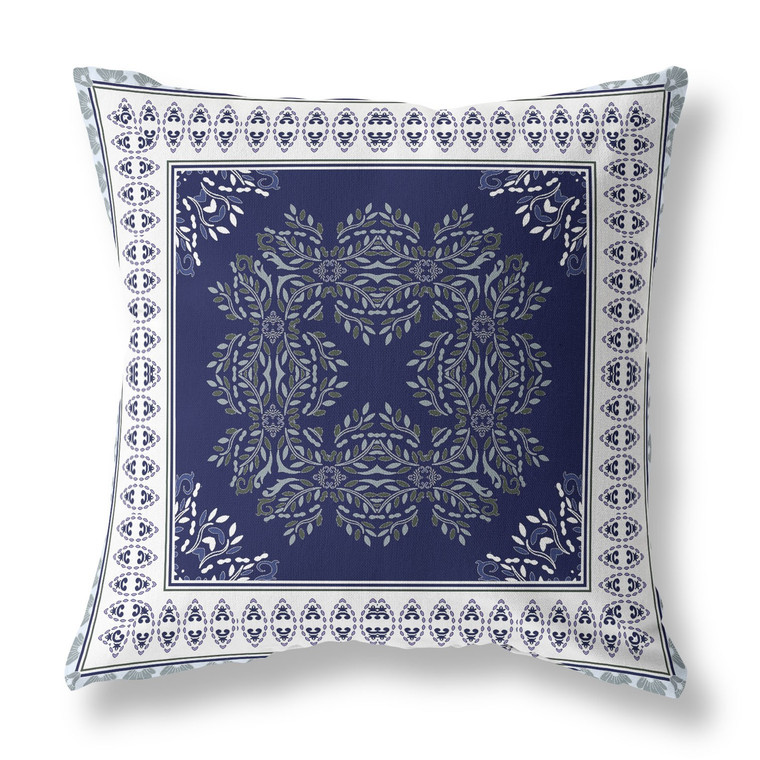 26" X 26" Indigo And Green Blown Seam Floral Indoor Outdoor Throw Pillow