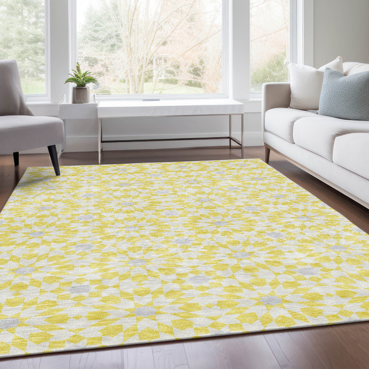 3' X 5' Yellow Ivory And Gray Floral Medallion Washable Indoor Outdoor Area Rug