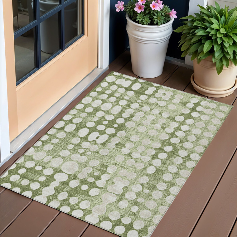 3' X 5' Artichoke Green And Ivory Abstract Washable Indoor Outdoor Area Rug Transitional Style - Artichoke Green, Ivory Color