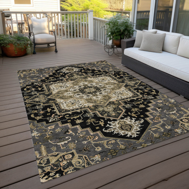 5' X 8' Black Gray And Ivory Oriental Washable Indoor Outdoor Area Rug - Black, Gray, Ivory