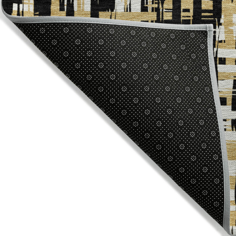 5' X 8' Black Gold And Ivory Abstract Washable Indoor Outdoor Area Rug