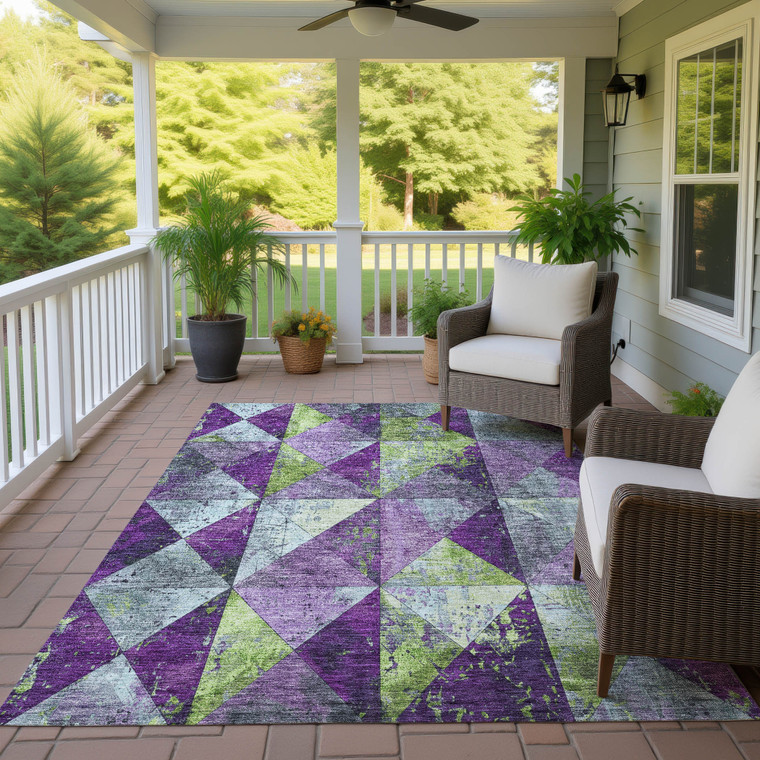 5' X 8' Purple And Lime Green Geometric Washable Indoor Outdoor Area Rug