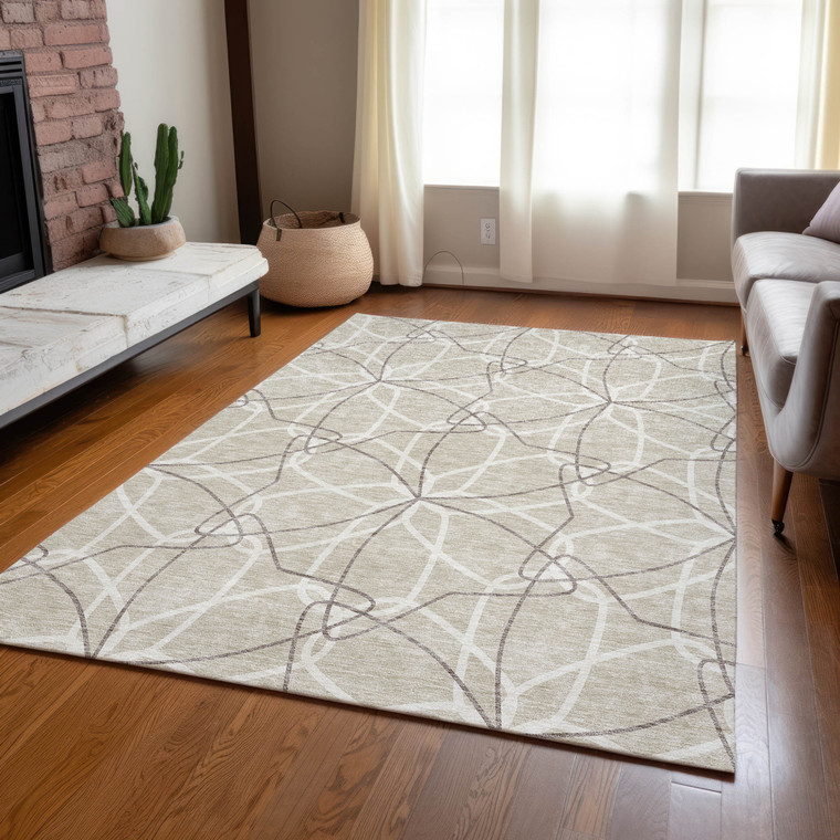3' X 5' Beige And Ivory Geometric Washable Indoor Outdoor Area Rug Modern Style - Beige, Ivory Color