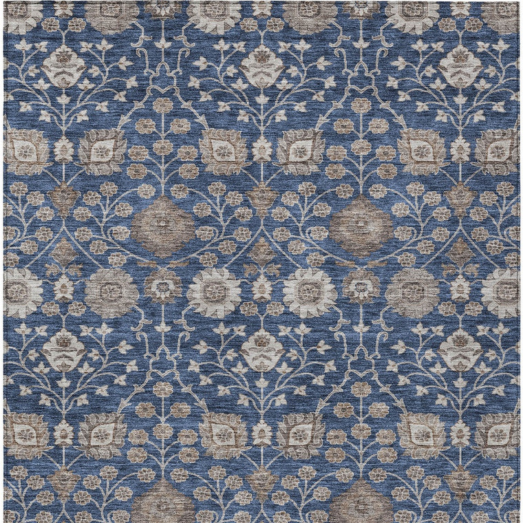 3' X 5' Navy Blue Brown And Beige Floral Washable Indoor Outdoor Area Rug