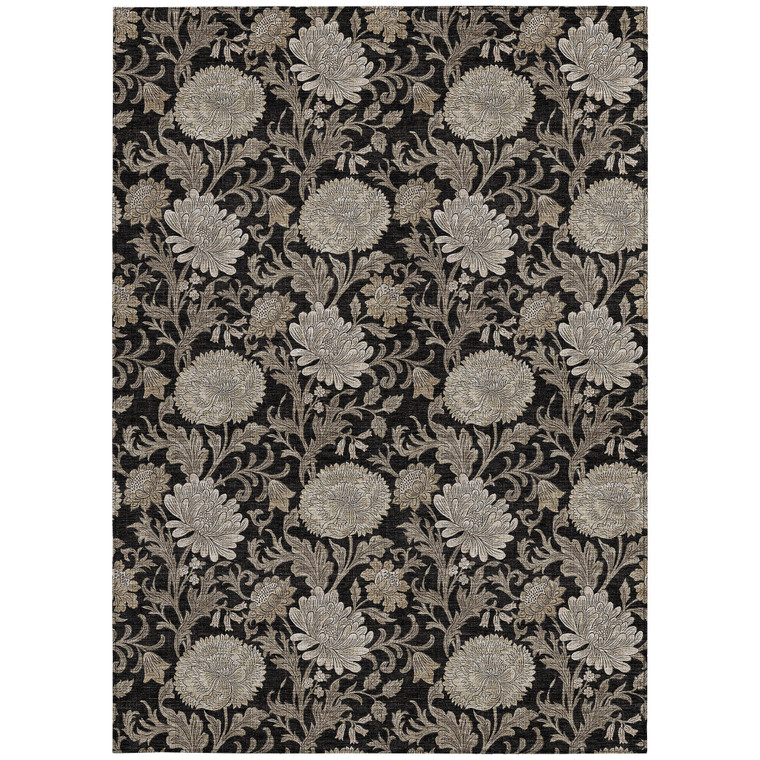 3' X 5' Black Taupe And Beige Floral Washable Indoor Outdoor Area Rug