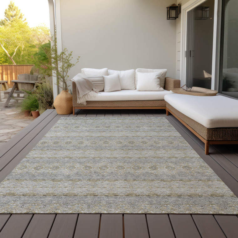 5' X 8' Silver Gray And Gold Floral Medallion Washable Indoor Outdoor Area Rug
