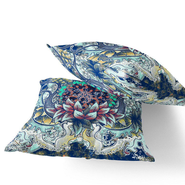 Set of Two 16" X 16" Blue and Yellow Blown Seam Floral Indoor Outdoor Throw Pillow Polyester Home Accent