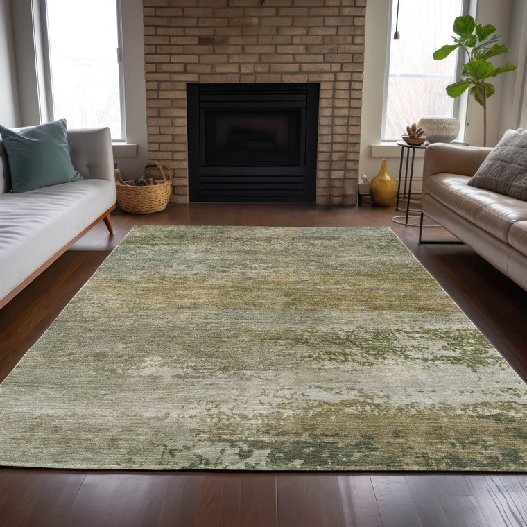 5' X 8' Beige And Fern Green Abstract Washable Indoor Outdoor Area Rug