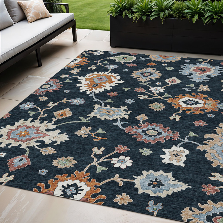 5' X 8' Black Blue And Ivory Floral Washable Indoor Outdoor Area Rug