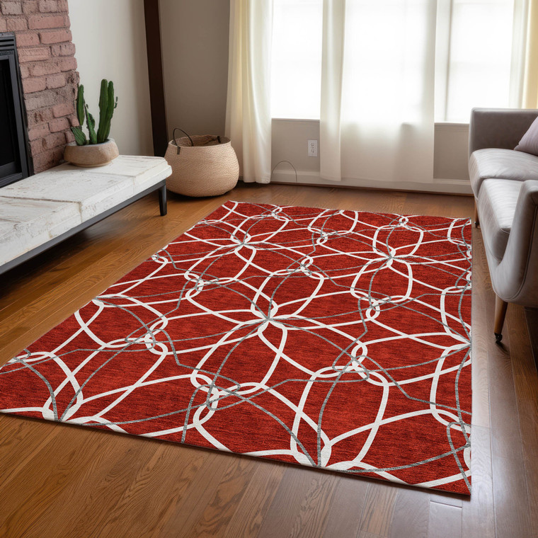 3' X 5' Red And Ivory Geometric Washable Indoor Outdoor Area Rug Modern Style - Red, Ivory Color