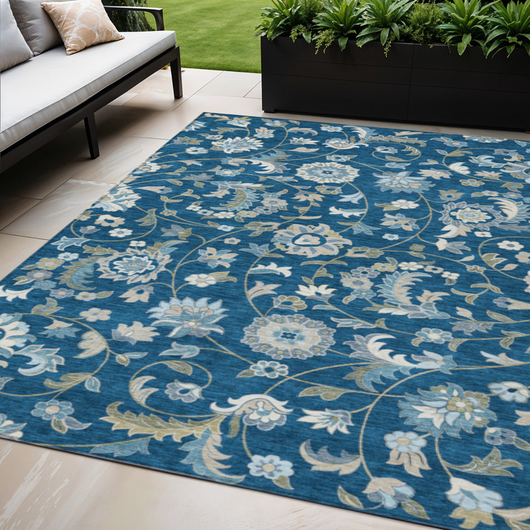 5' X 8' Navy Blue Ivory And Gray Floral Washable Indoor Outdoor Area Rug