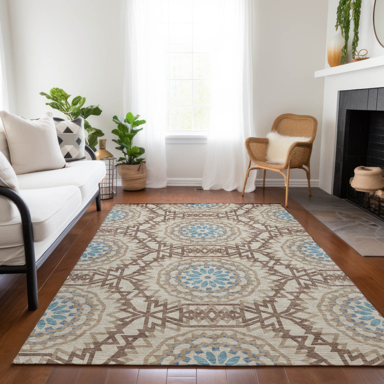 3' X 5' Khaki Brown And Taupe Floral Medallion Washable Indoor Outdoor Area Rug