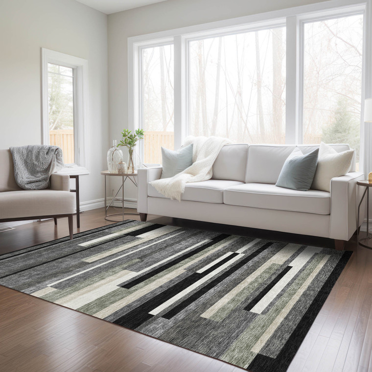 3' X 5' Black Charcoal And Gray Striped Washable Indoor Outdoor Area Rug