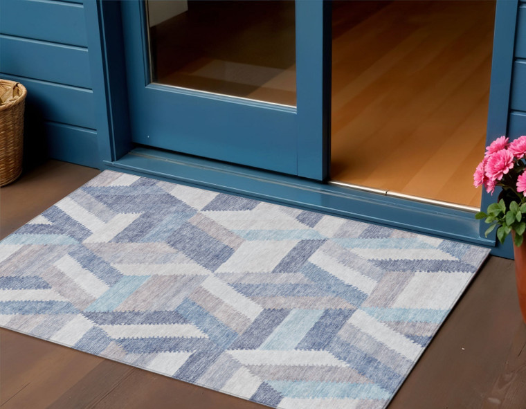3' X 5' Denim Blue Geometric Washable Indoor Outdoor Area Rug - Denim Blue