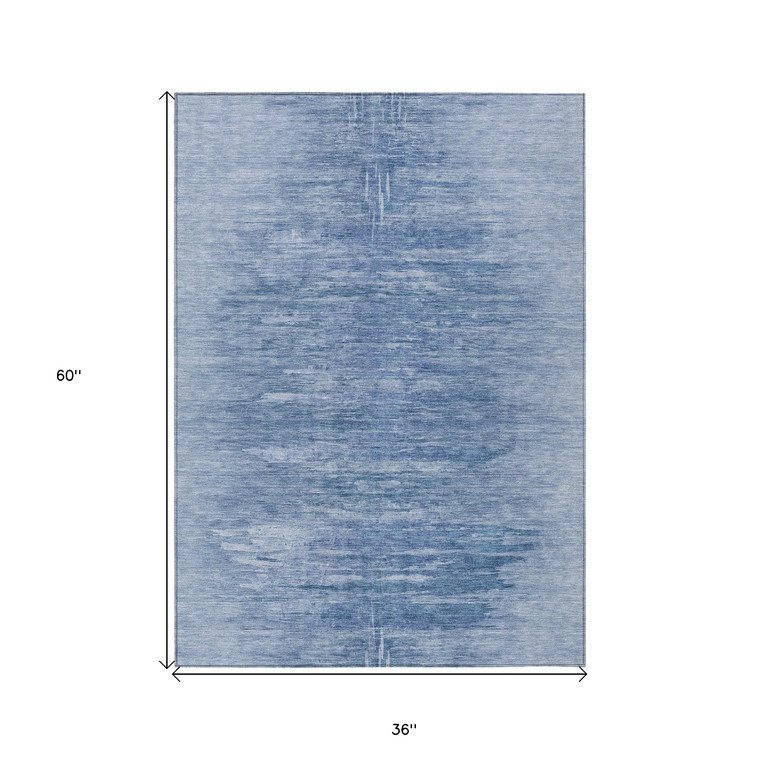 3' X 5' Denim Blue And Sky Blue Abstract Washable Indoor Outdoor Area Rug Transitional Style - Denim Blue, Sky Blue Color