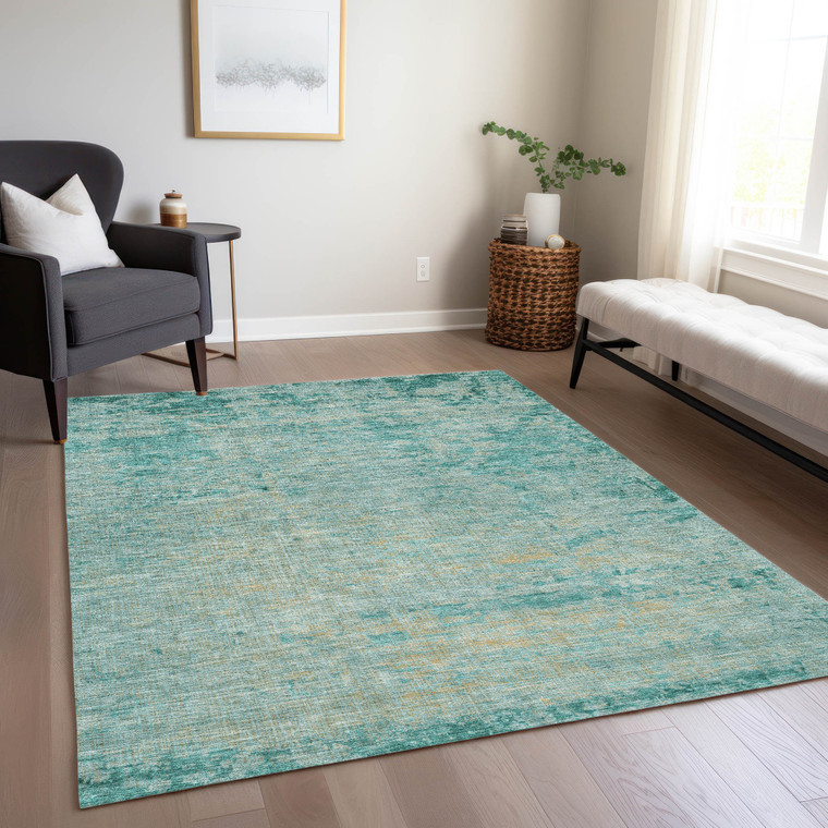 3' X 5' Teal Blue And Wheat Abstract Washable Indoor Outdoor Area Rug