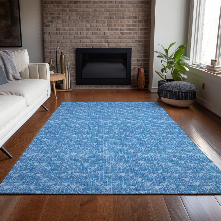3' X 5' Blue Geometric Washable Non Skid Indoor Outdoor Area Rug