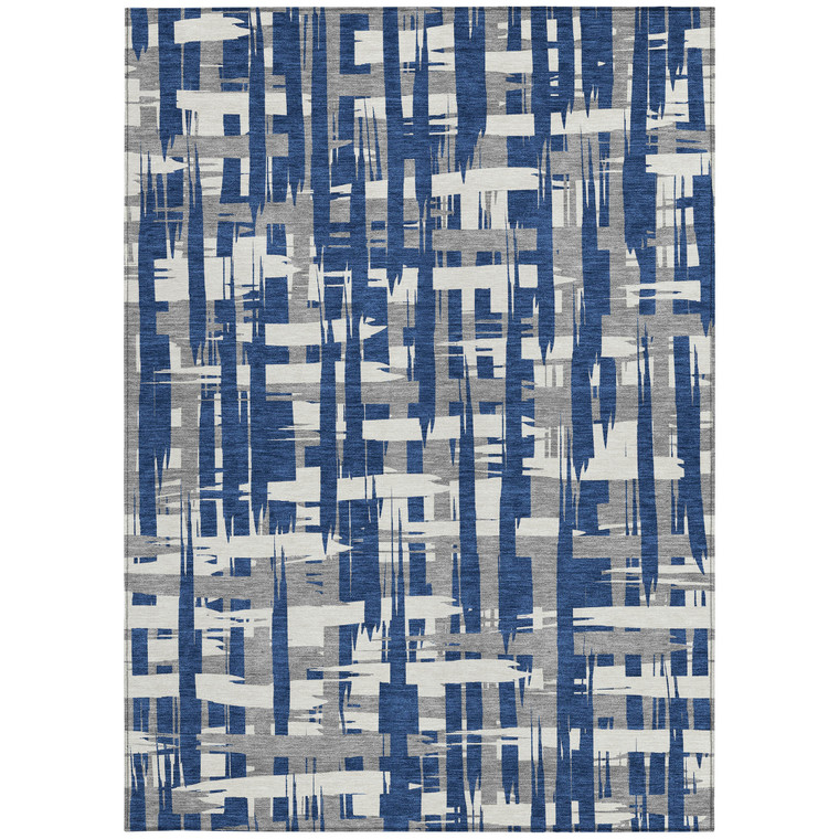 3' X 5' Navy Blue Gray And Ivory Striped Washable Indoor Outdoor Area Rug - Navy Blue, Gray, Ivory