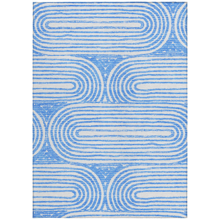 5' X 8' Blue and White Abstract Washable Non Skid Indoor Outdoor Area Rug - Blue, White