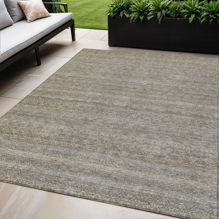 5' X 8' Khaki And Beige Striped Washable Indoor Outdoor Area Rug