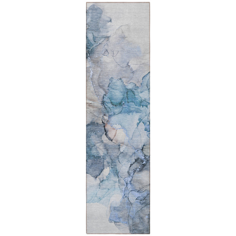 8' Runner Blue and Gray Abstract Washable Non Skid Indoor Outdoor Runner Rug - 608219039356
