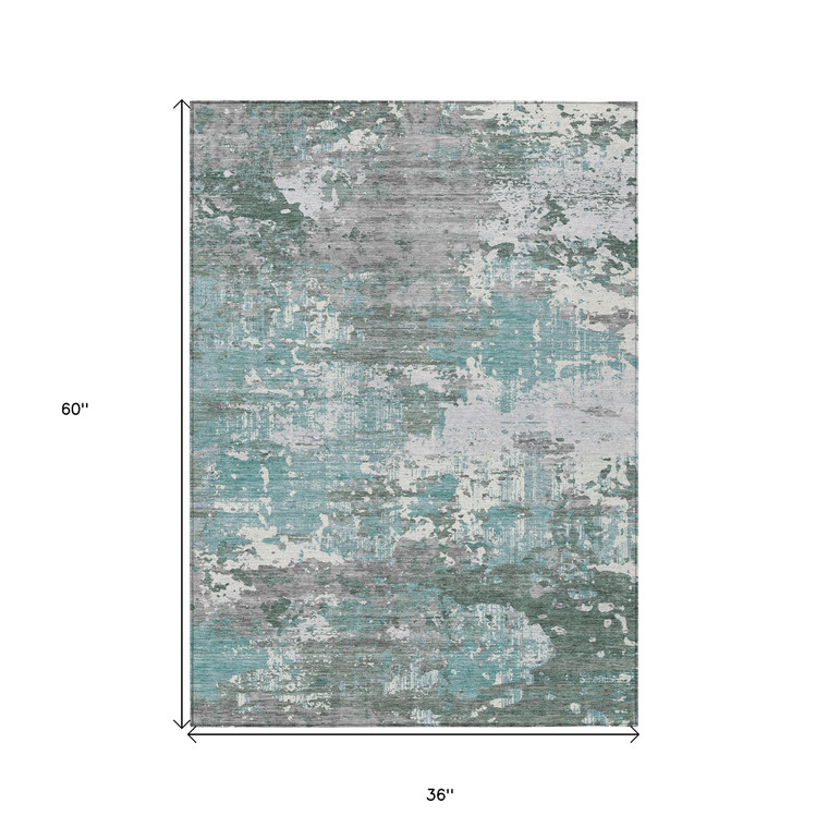 3' X 5' Blue And Teal Blue Abstract Washable Indoor Outdoor Area Rug - 880016713299