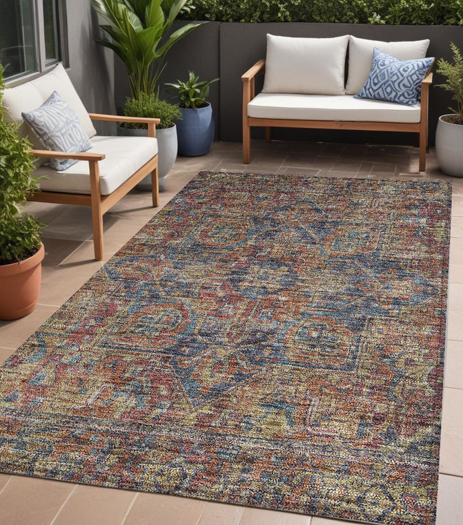 5' X 8' Red Orange and Blue Oriental Washable Non Skid Indoor Outdoor Area Rug - Red, Orange, Blue