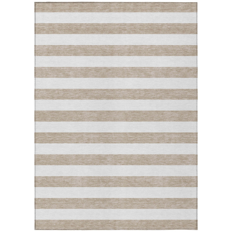 3' X 5' Taupe and White Striped Washable Indoor Outdoor Area Rug