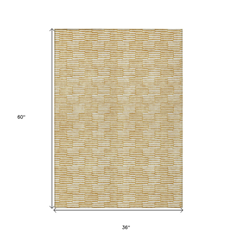 3' X 5' Gold And Beige Geometric Washable Indoor Outdoor Area Rug Transitional Style - Gold, Beige Color