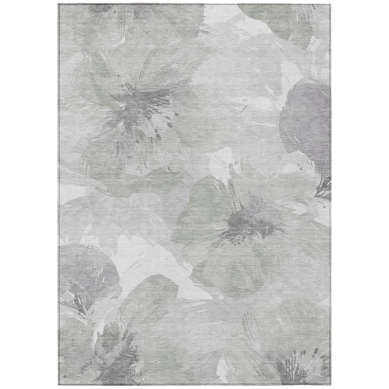 3' X 5' Ivory And Silver Floral Washable Indoor Outdoor Area Rug